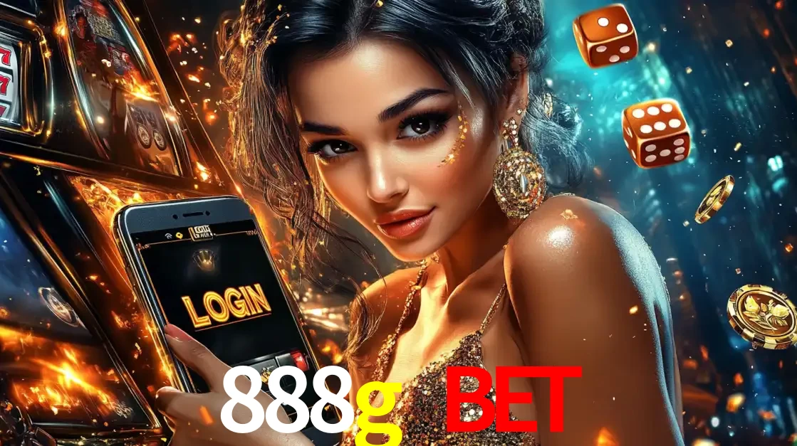Mulher glamourosa segurando um celular com a tela de login do cassino 888g bet, rodeada por dados e moedas douradas, pronta para começar a diversão.