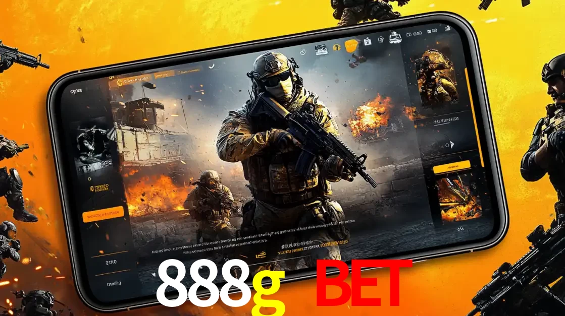 Um smartphone exibindo a interface de um jogo de tiro em primeira pessoa, com um soldado em um cenário de batalha, representando a ação dos e-sports para apostar no 888g bet.