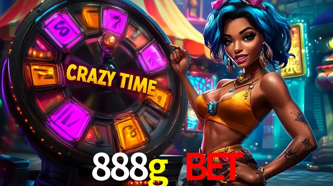 Mulher estilizada com cabelo azul e visual vibrante posando ao lado da roda de prêmios do game show Crazy Time, convidando para a diversão e os bônus do cassino 888g bet.