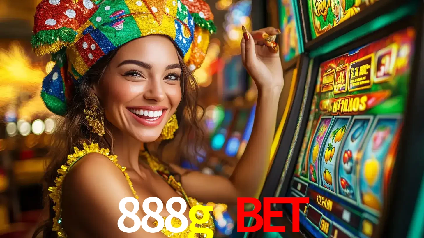 Mulher feliz com traje de carnaval amarelo e colorido ao lado de uma máquina de caça-níqueis, aproveitando a diversão e os jogos temáticos do cassino 888g bet.
